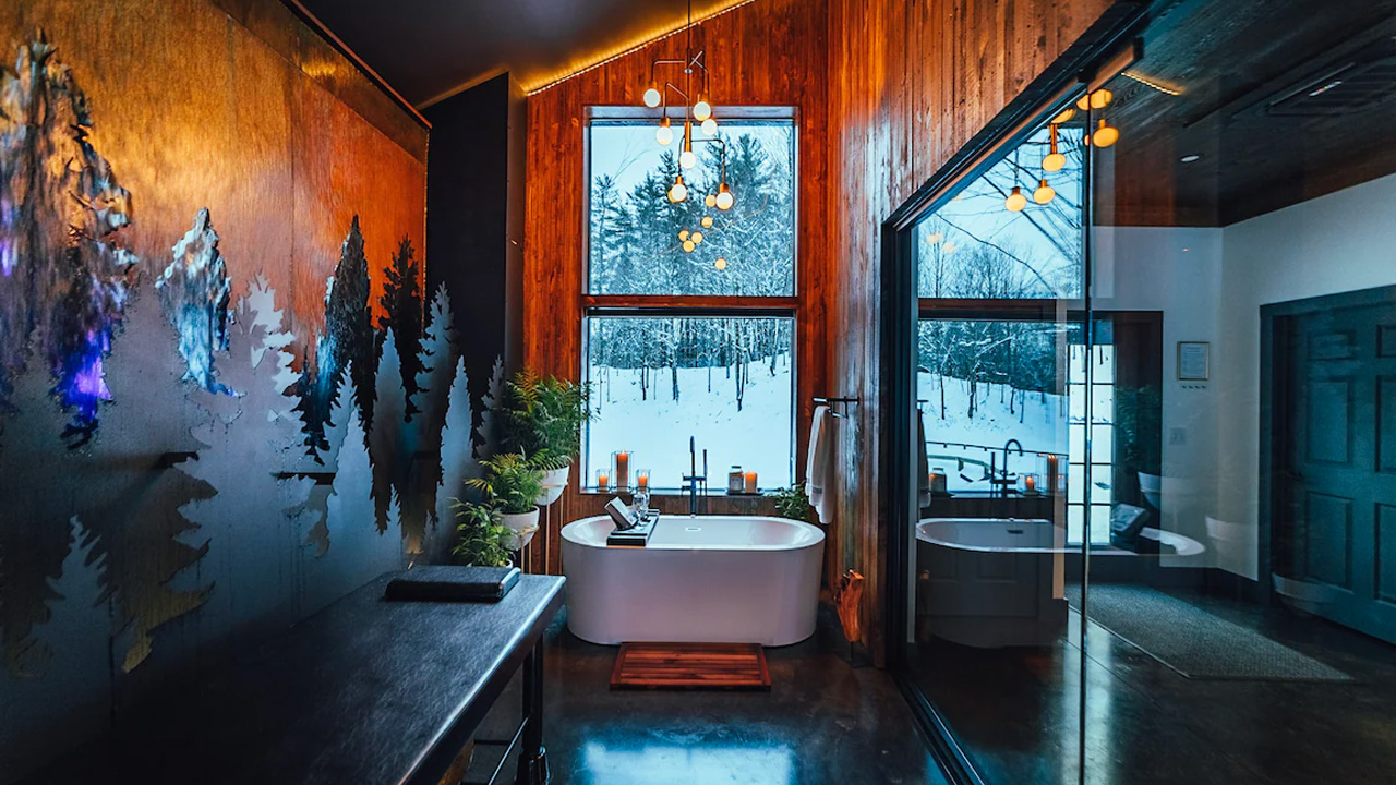 Birch Falls Spa Cabin in Remsen, New York Has spa Room With 18 ft. Indoor Waterfall