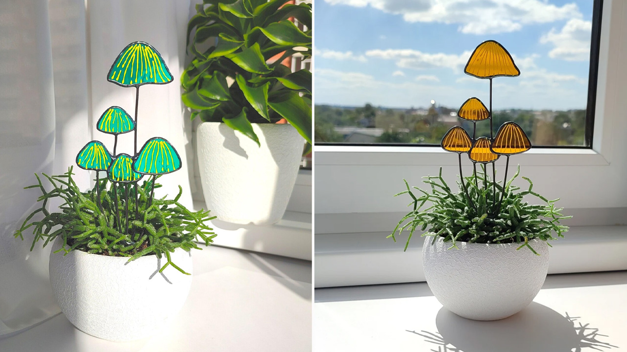 Brown Mushrooms Stained Glass Plant Stake