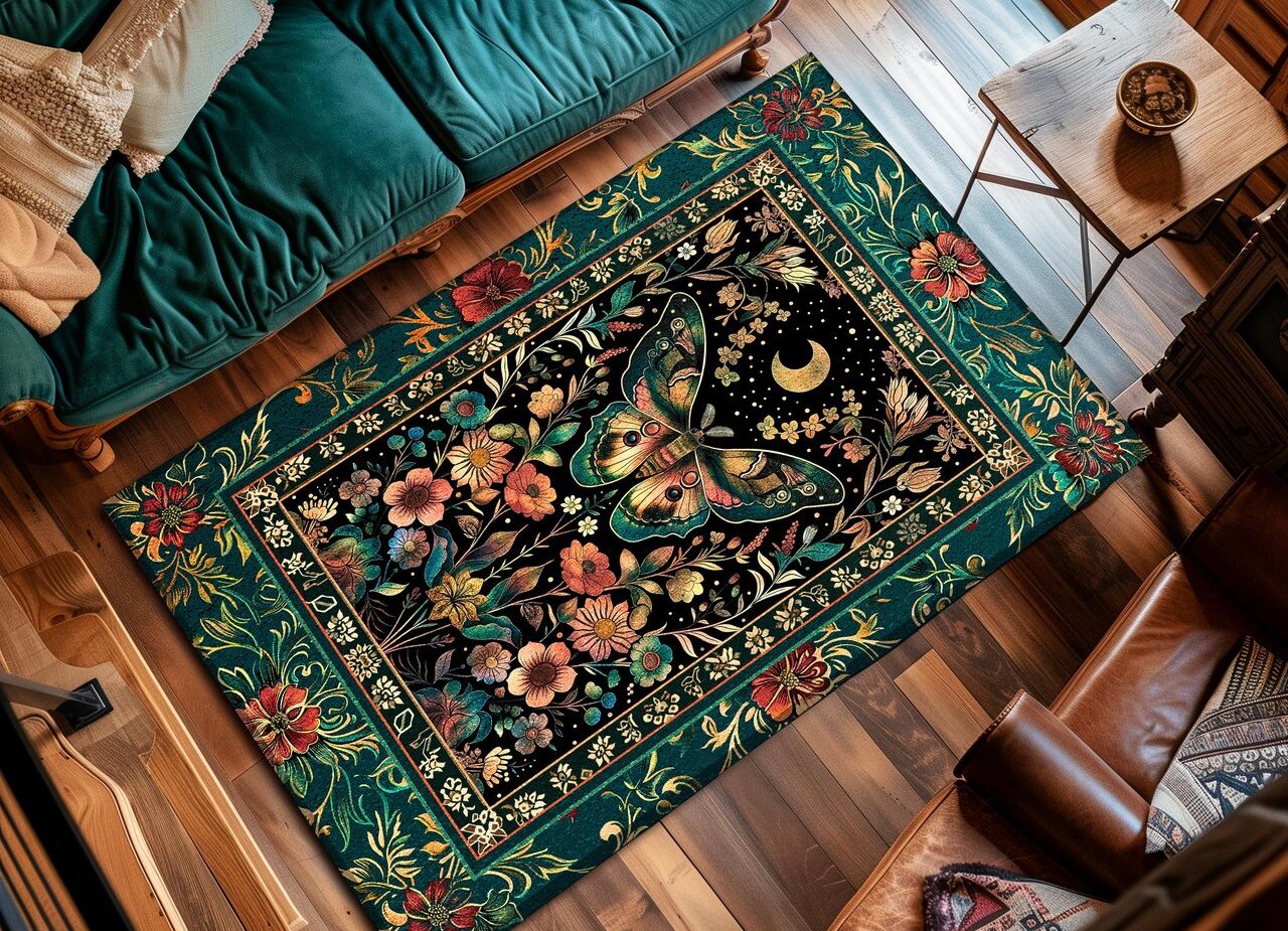 Celestial Cottagecore Floral Moth Rug