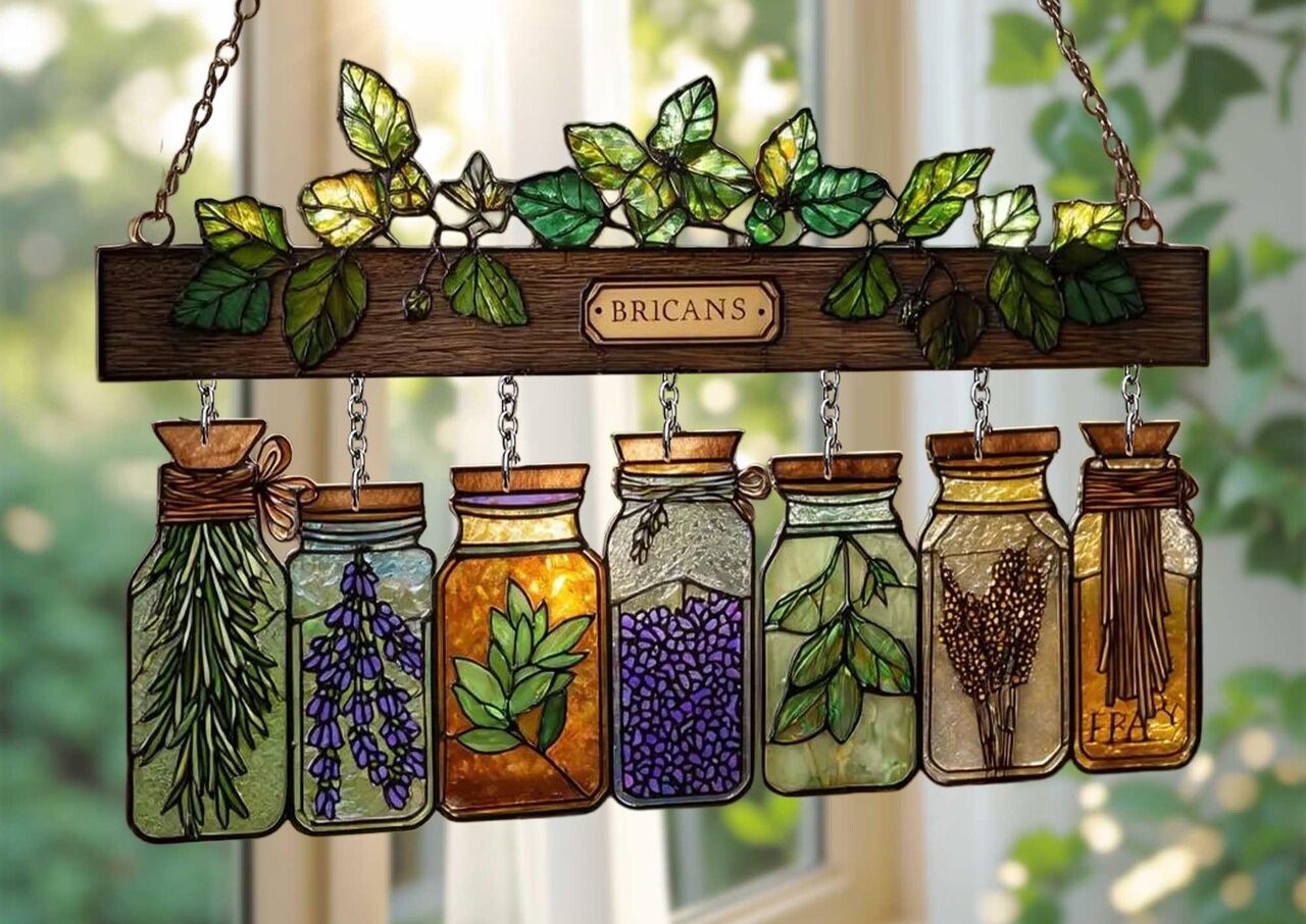 Faux Stained Glass Herb Jar Suncatcher Window Hanging