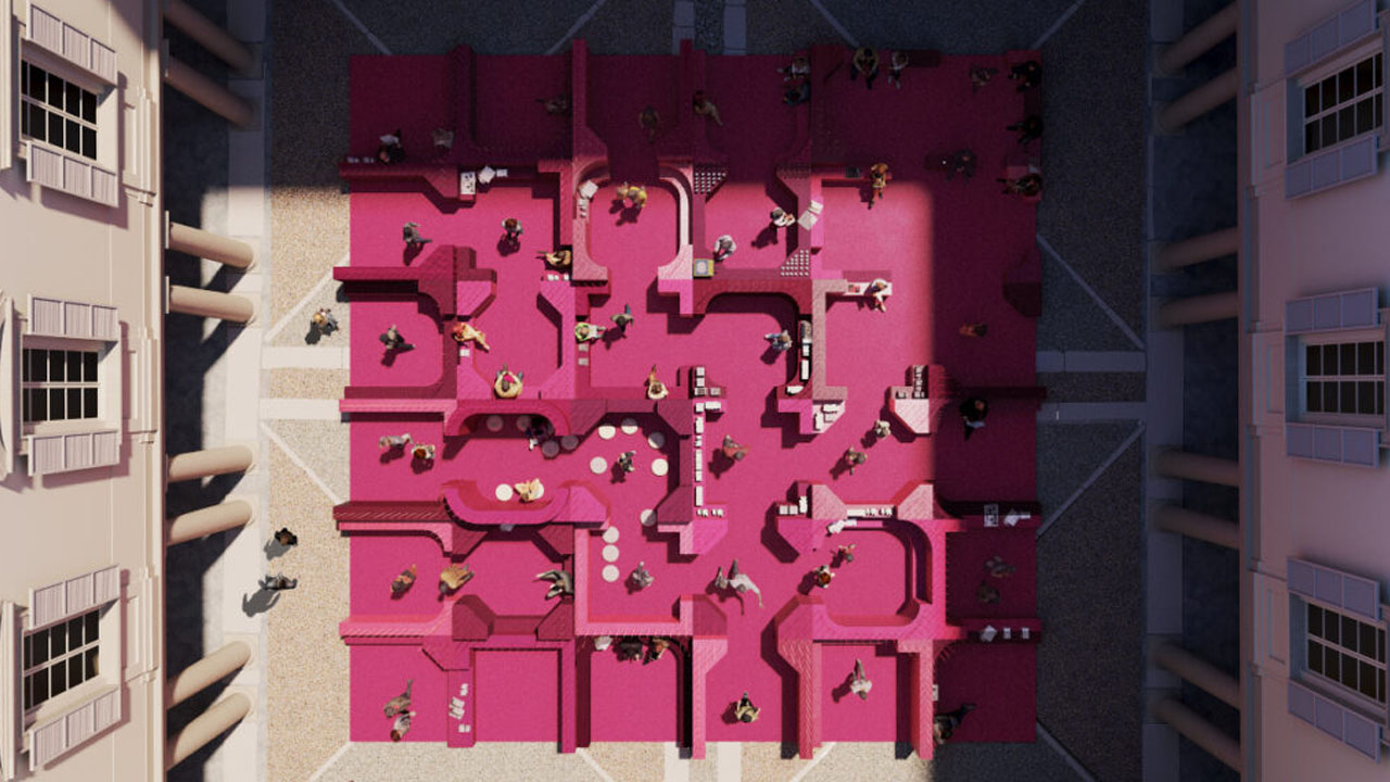 The curved modules of the vivid maze create an interactive ecosystem.