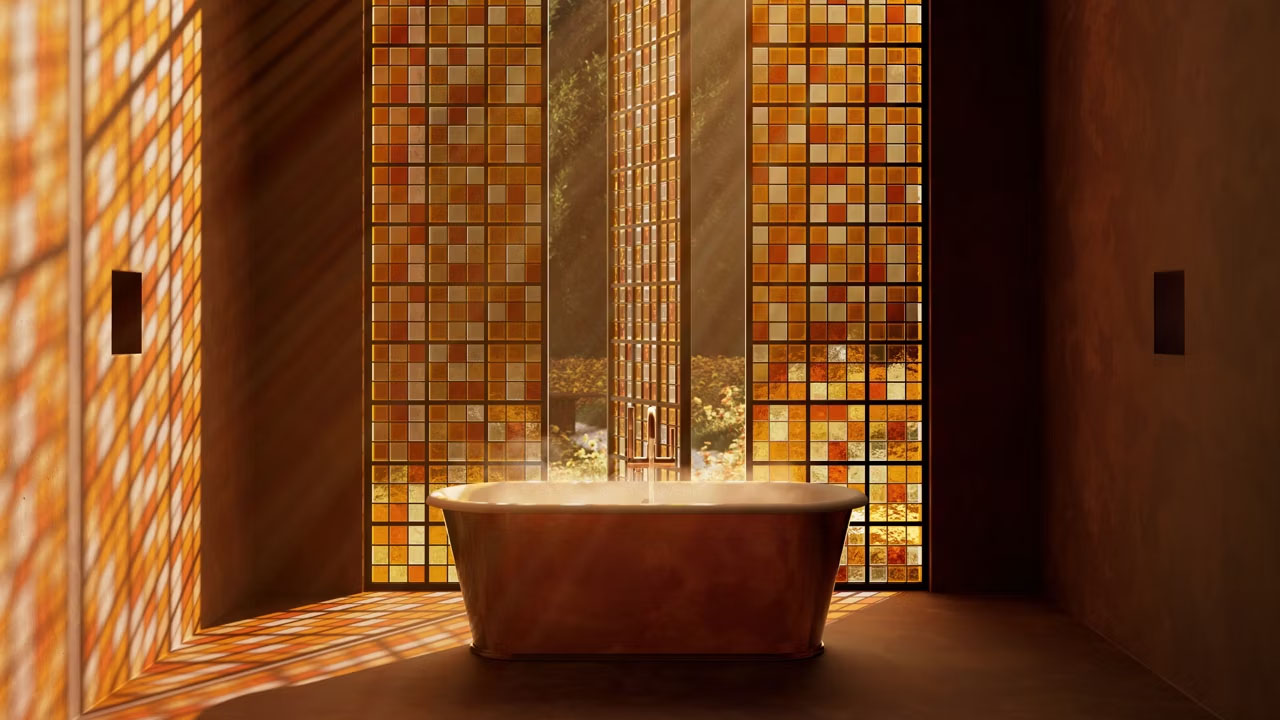 The glass tiles reflect striking golden glow