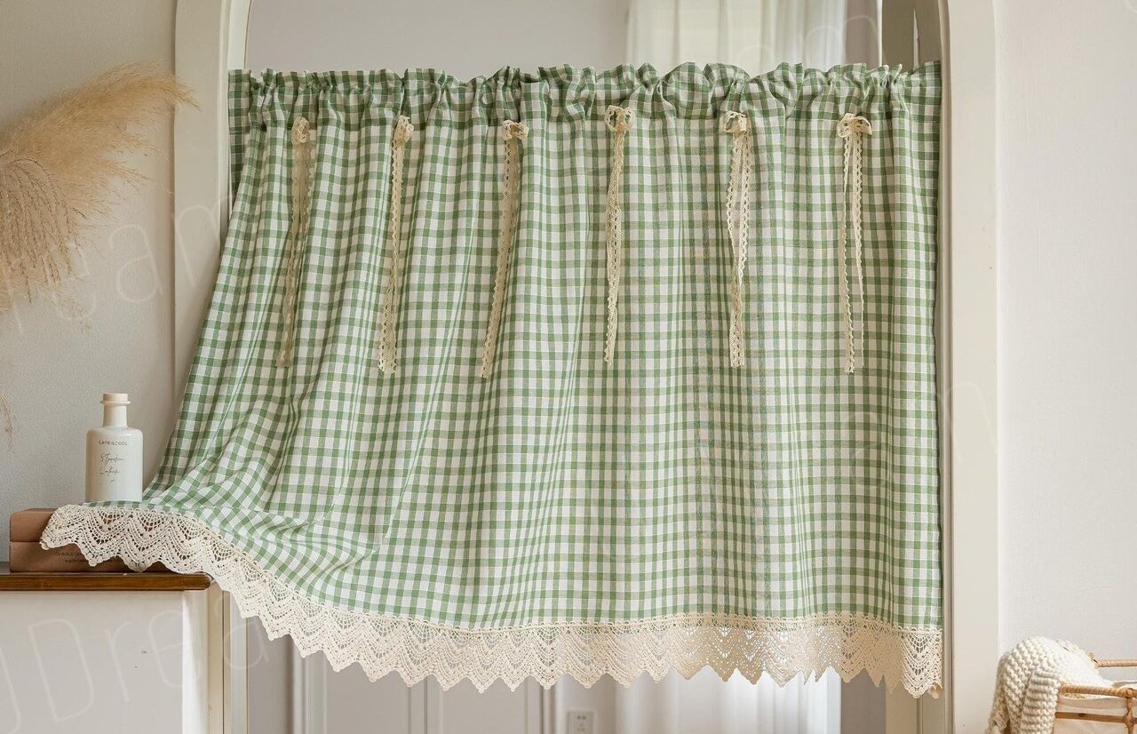 Green Gingham Cafe Curtains