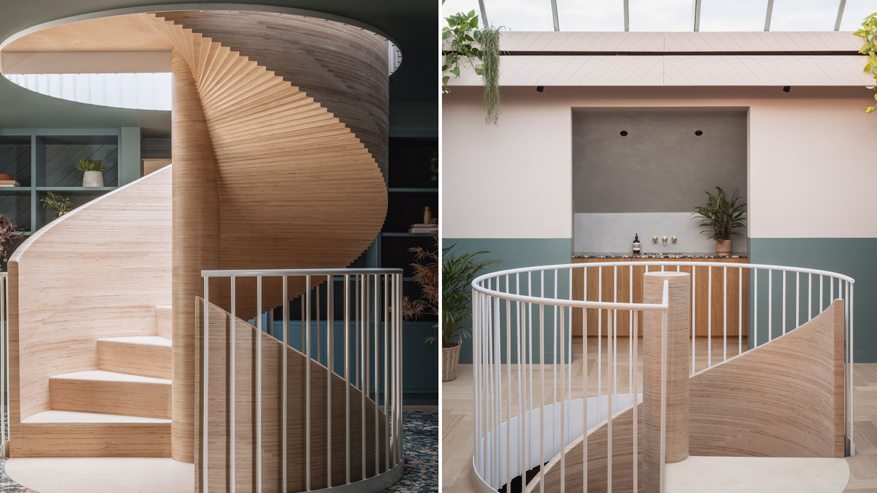 The staircase looks like gleaming centerpiece.