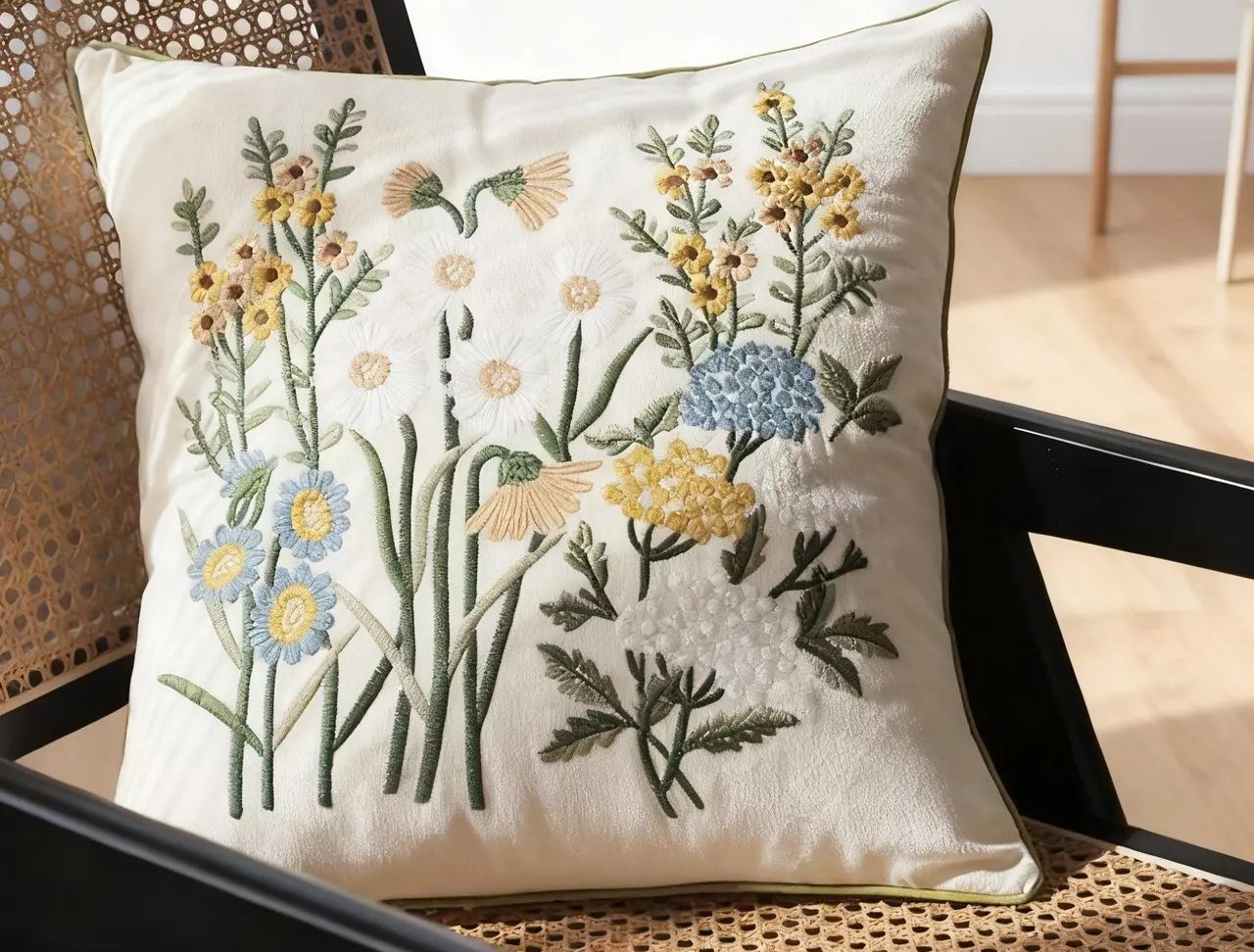 Linen Floral Embroidered Pillow Cover