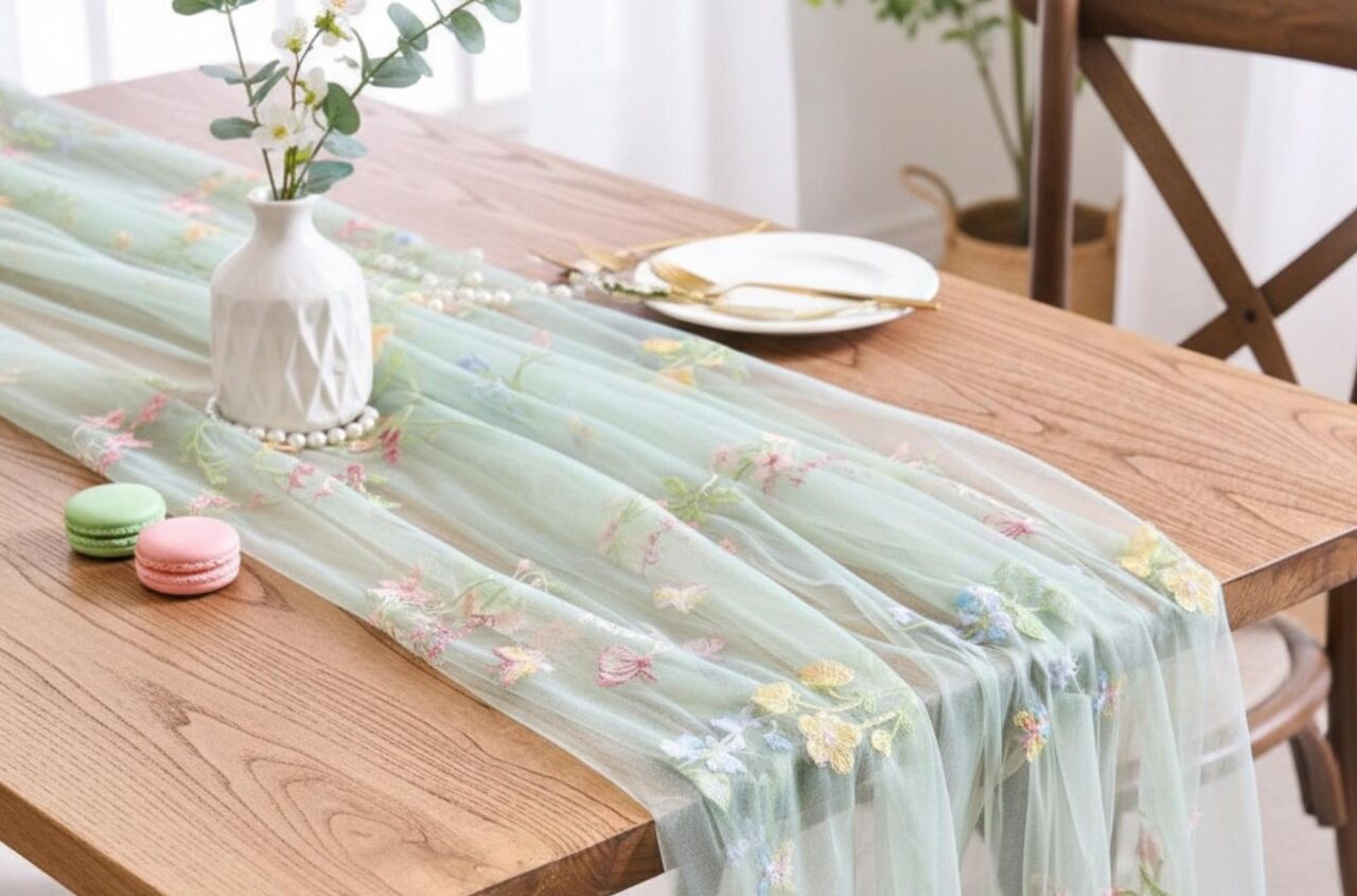 Romantic Floral Embroidered Tulle Table Runner