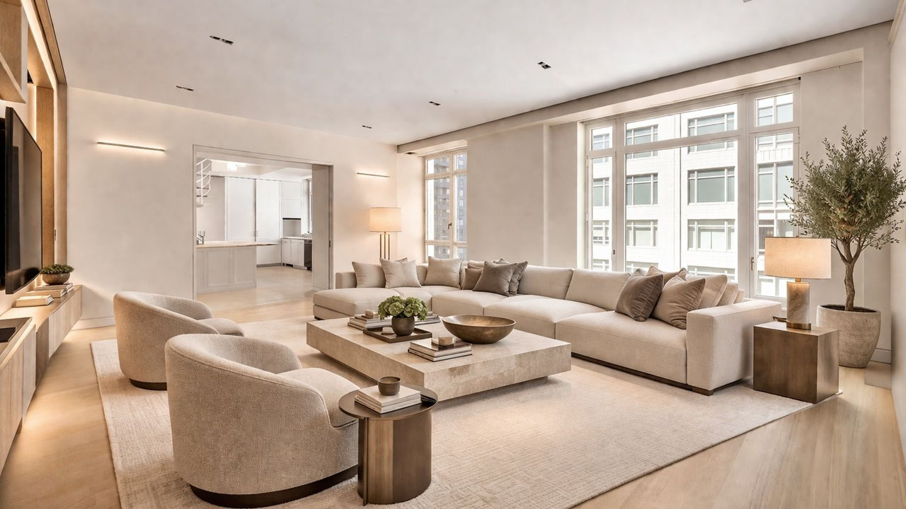 The spacious media room leads to kitchen