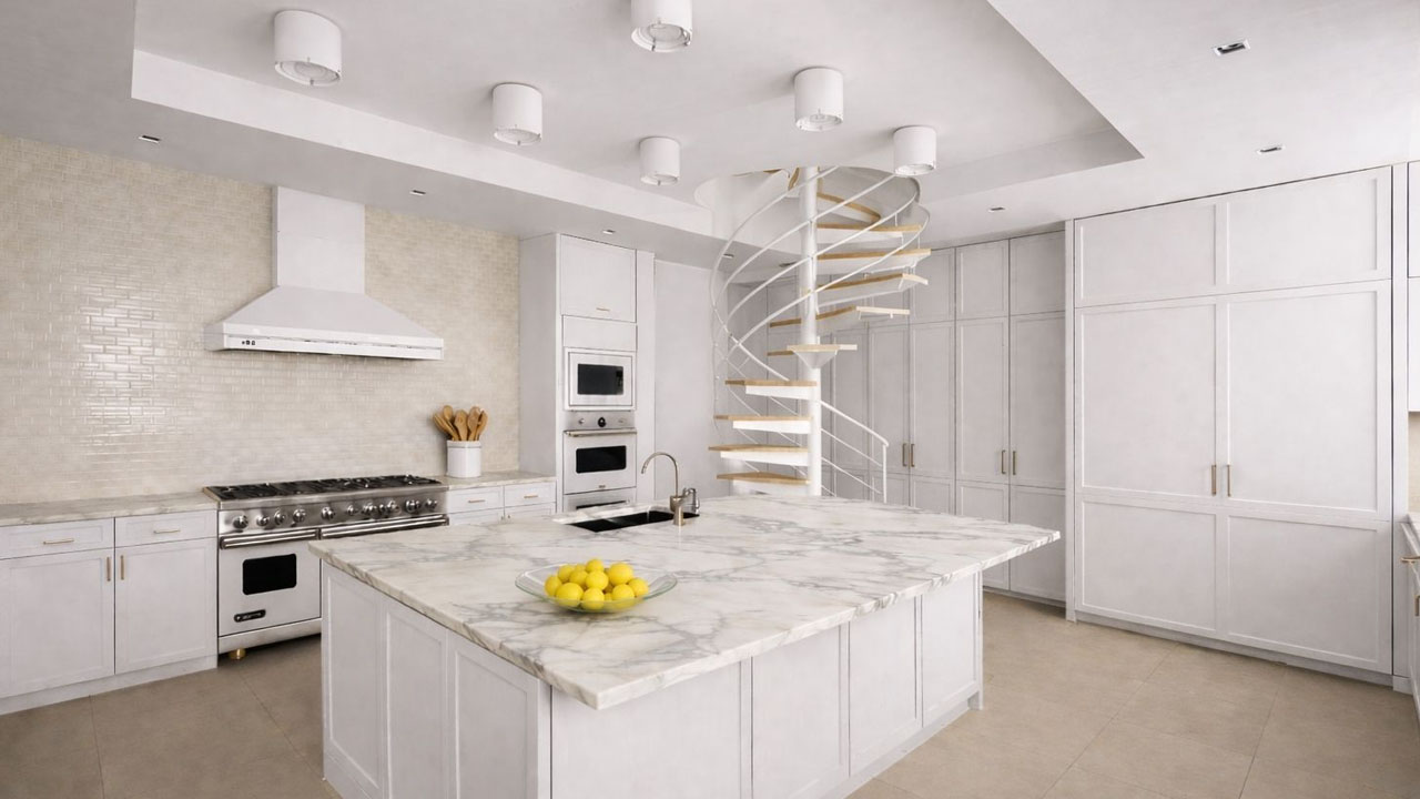 The spiraled stairs in all-white kitchen