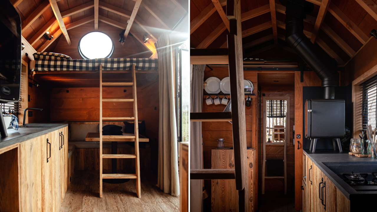 The interior, clad in raw, textured wood gives cozy nest feeling