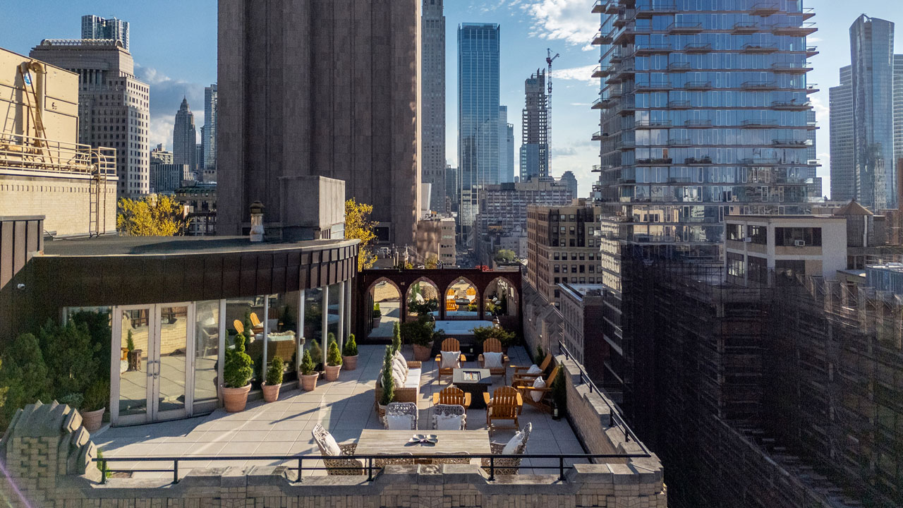 The private outdoor terrace gives panoramic views of Manhattan skyline