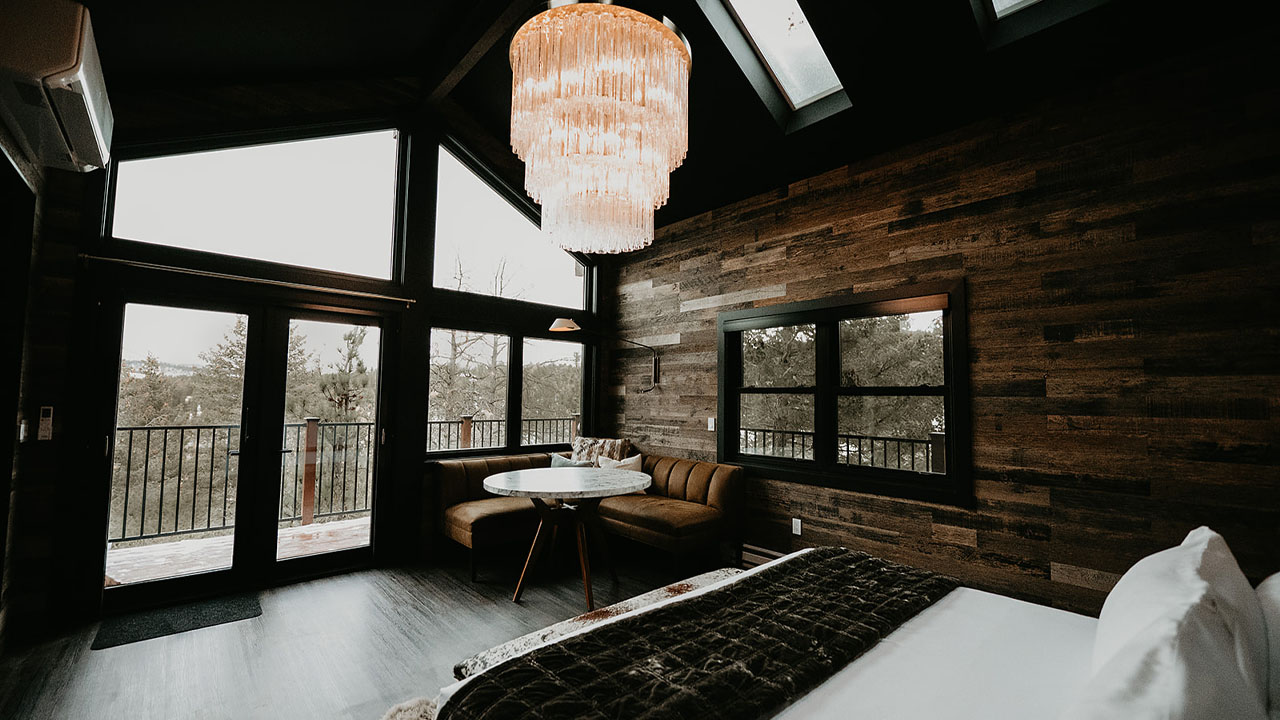 The generous glazing brightens the interior.