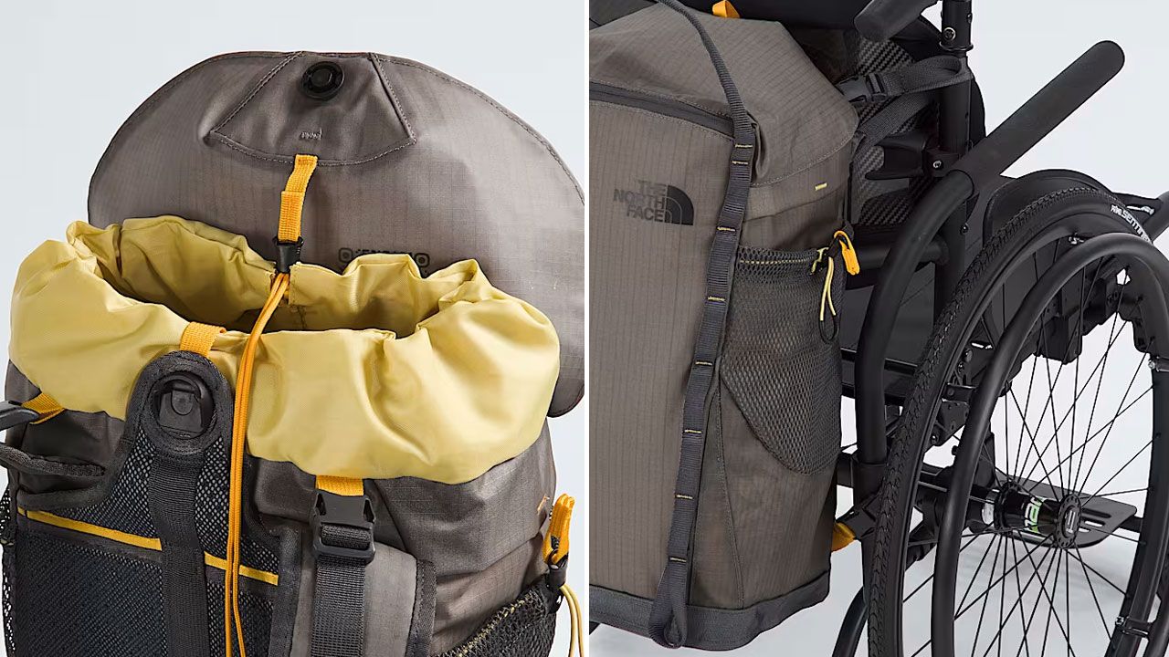 Universal Daypack by The Noth Face attached on wheelchair