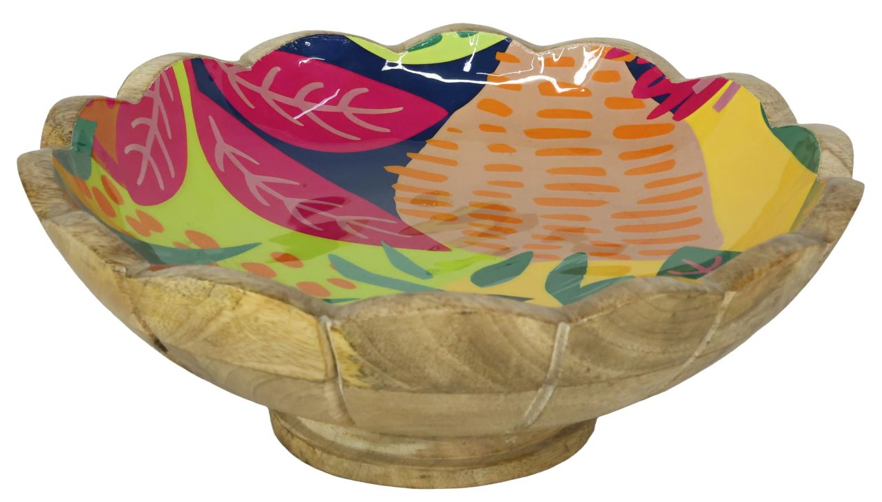 Abstract Floral Decorative Footed Mango Wood Bowl