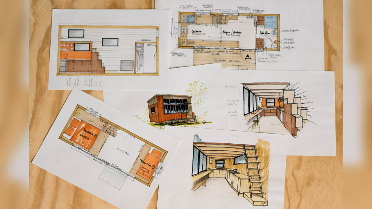 The sketch work and planning of Atelier d'Artiste Tiny House