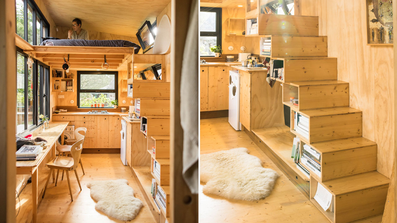 The staircase leading to primary lofted bedroom has integrated storage