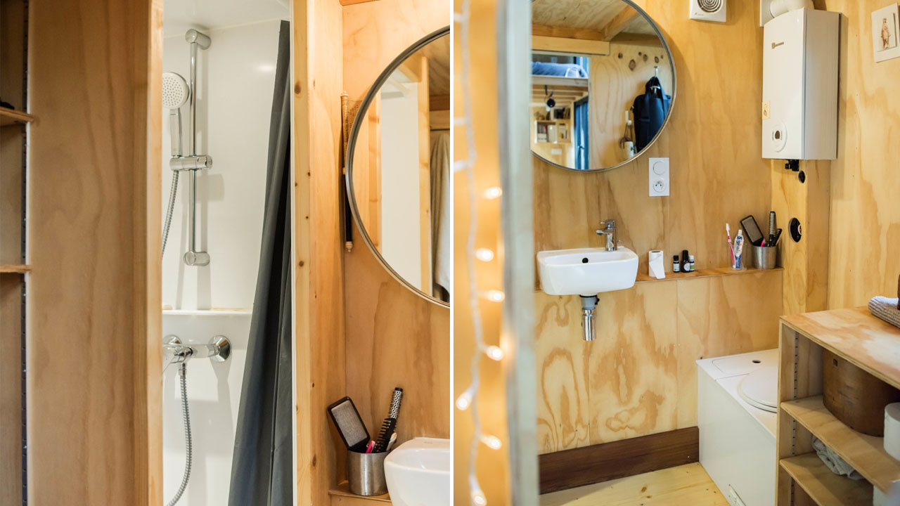 The compact bathroom below the secondary loft bedroom.