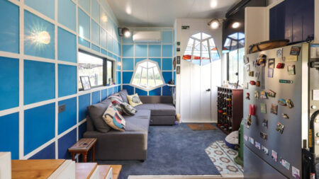 Theater Artist DIYs Dream Storybook Tiny House With Rooftop Deck and Wonderfully Whimscial Interior Aynslie's Tiny House has pretty whimsical windows