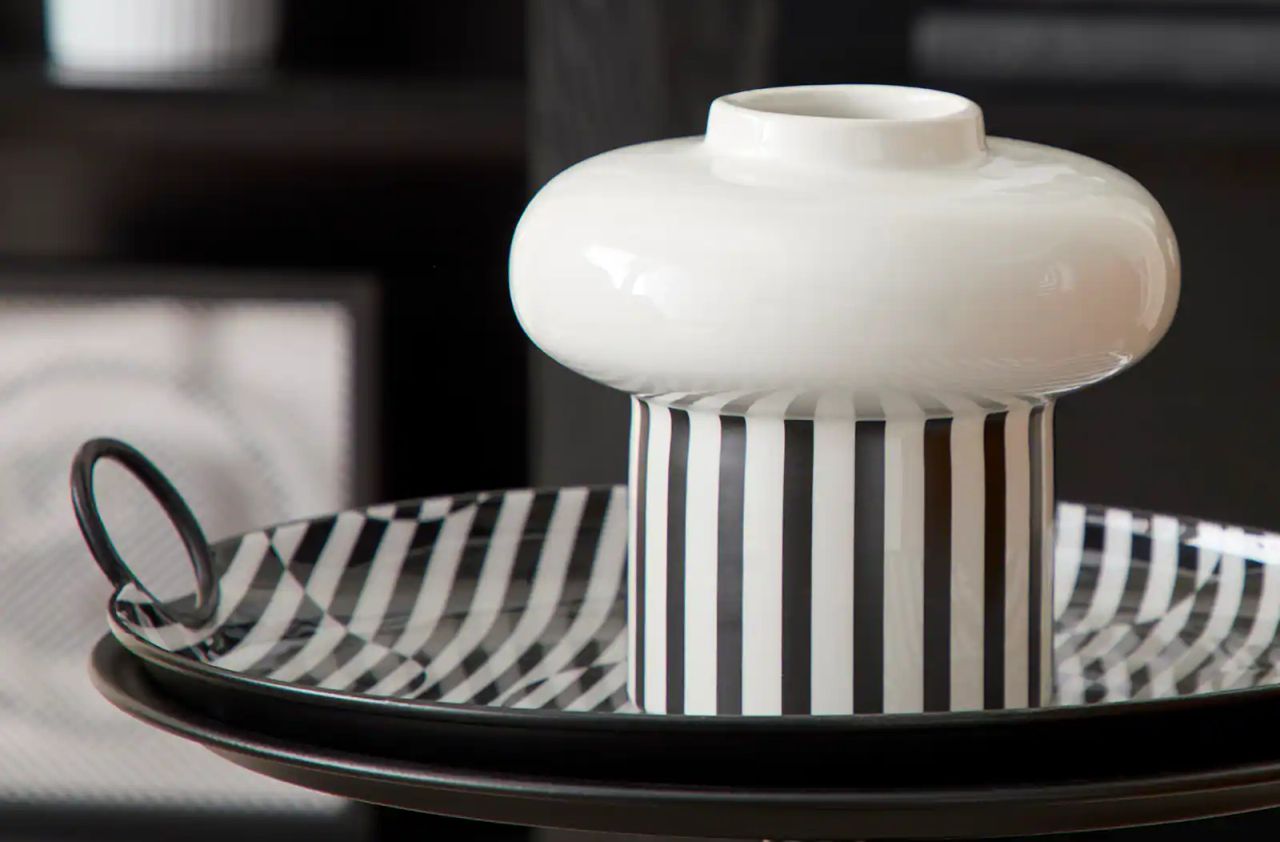 Black & White Striped Ceramic Pot