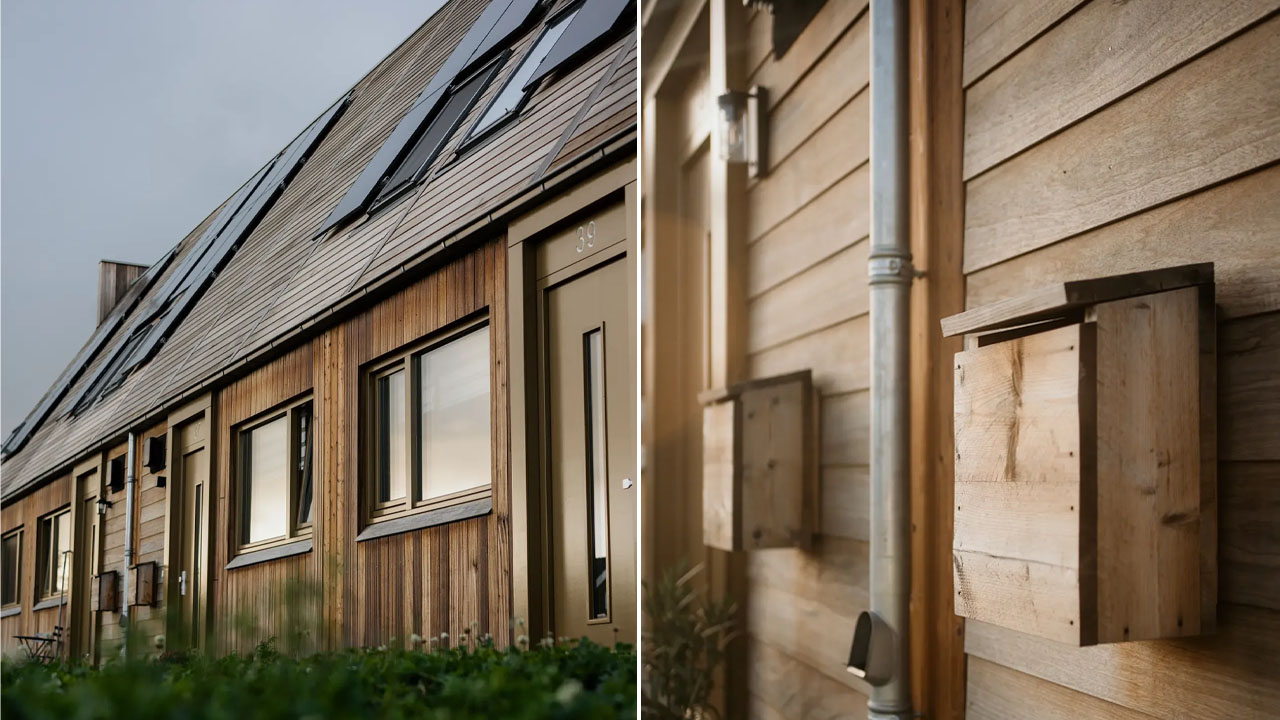 The wooden houses absorb carbon instead of emitting