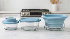 ExpandaLid Glass Containers Feature Collapsible Lids That Expand to fit Extra Leftovers on Demand ExpandaLid food storage lid
