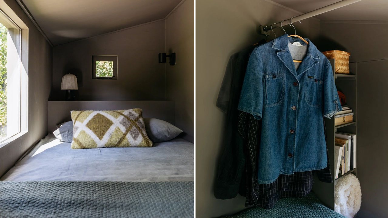 The cozy bedroom has plenty storage