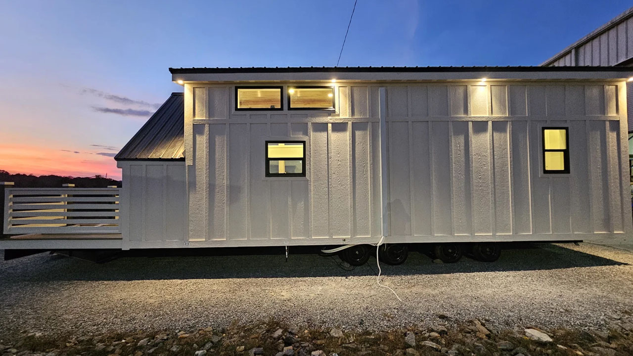 The clean exterior with vertical board-and-batten siding