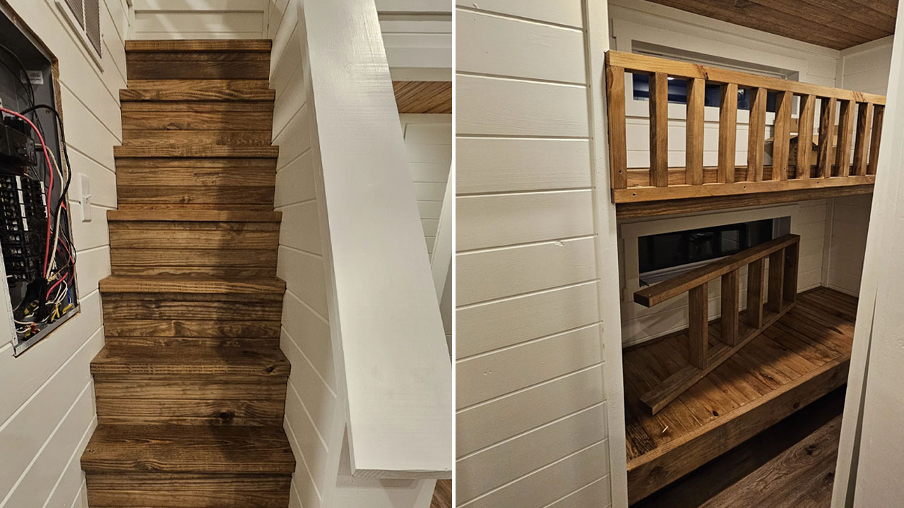 the wooden stairs lead to the loft bedroom and kids will love the bunk room besides it
