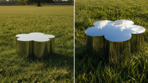 Reflective Stainless Steel Floral Tables Present Stark Contrast of Feminine Form and Masculine Material KTana Home tables at ICFF