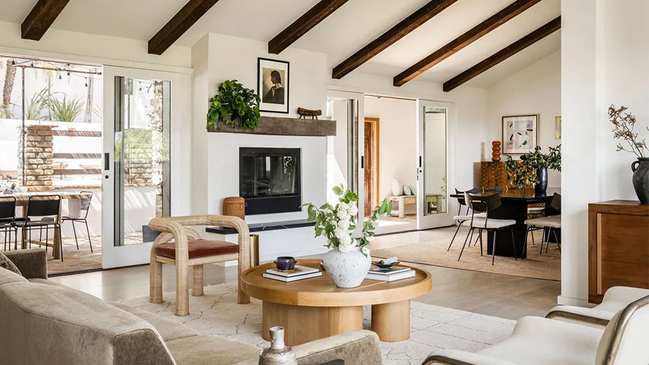 The glazed sliding doors open into main living space