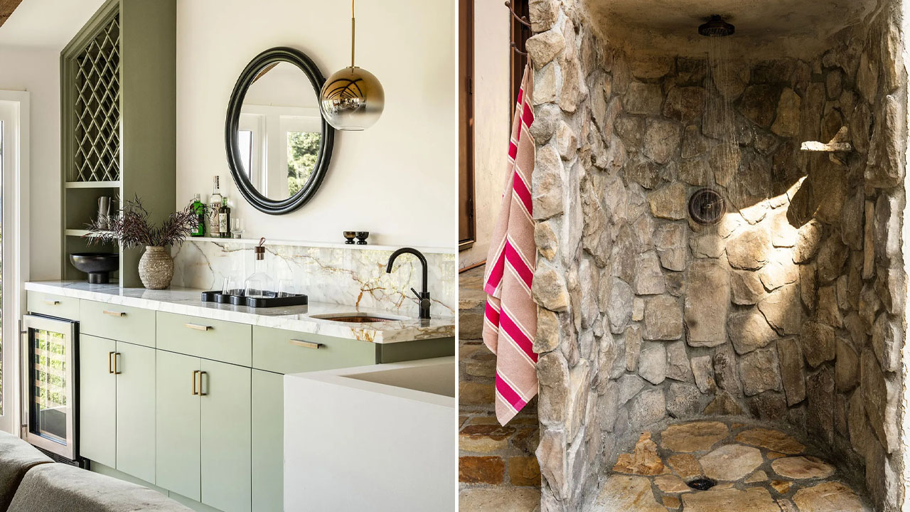 The sage green wet bar and outdoor shower