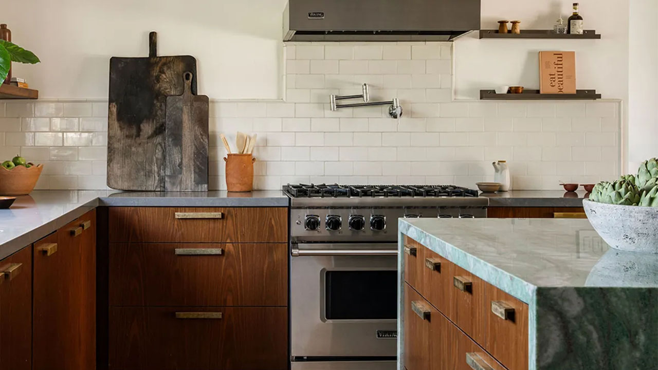 Marbled tops and wooden cabinetry