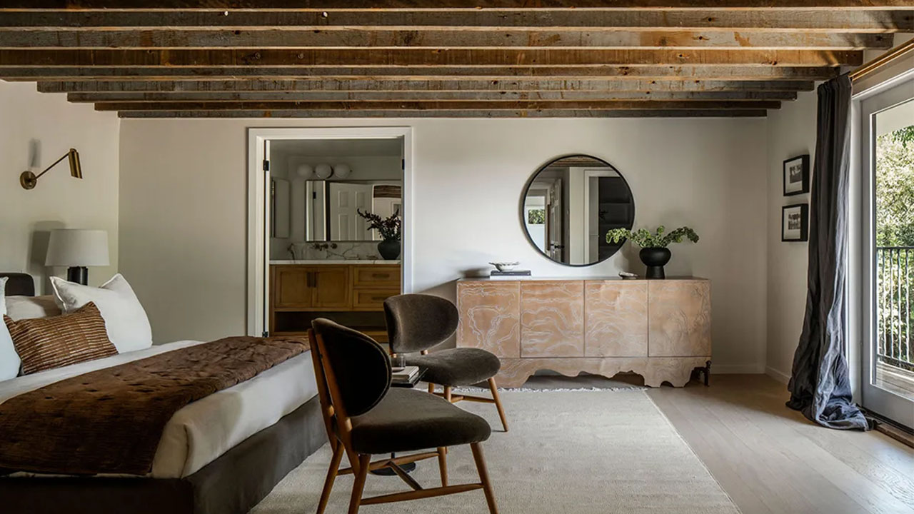 The primary bedroom of the Los Feliz Oaks Spanish-Style House
