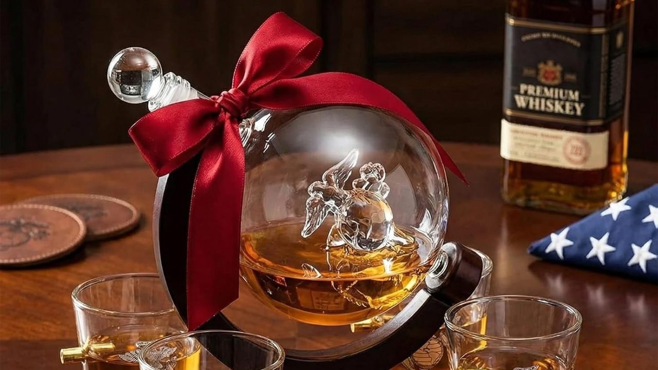 Memorial Day gifts for veterans - U.S. Marine Globe Whiskey Decanter Set