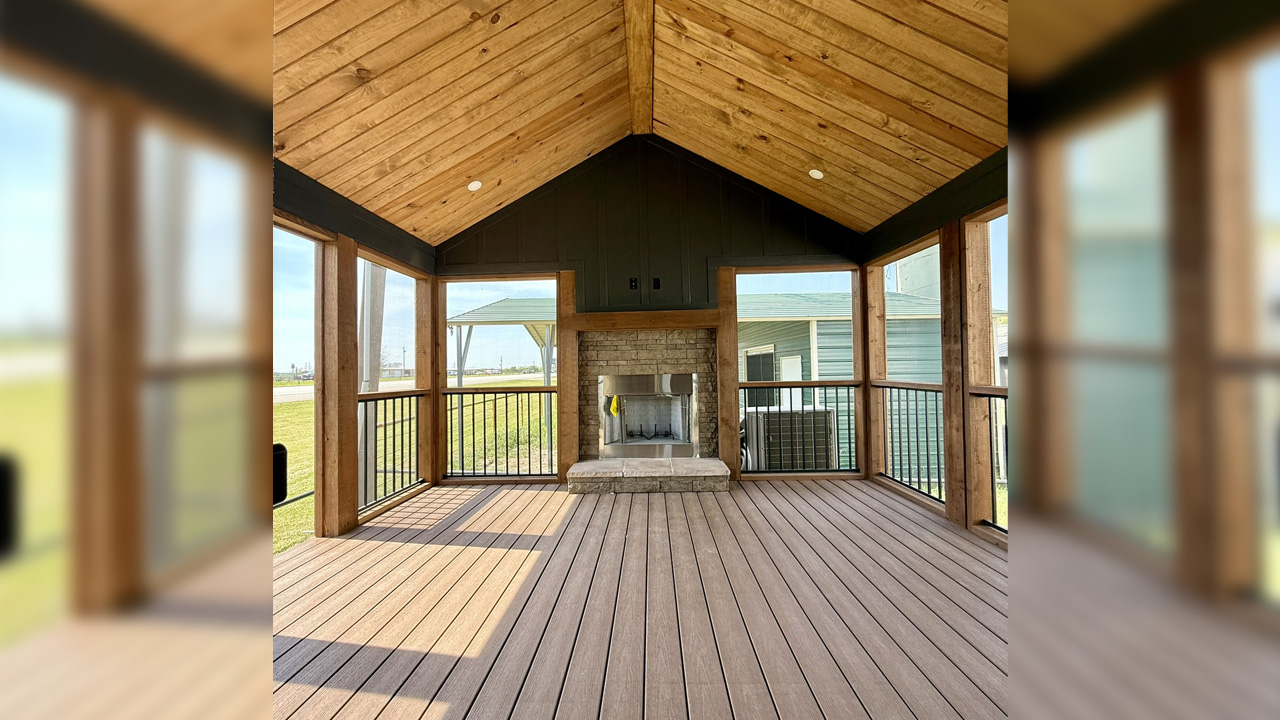 Primrose Tiny House - back porch with fireplace