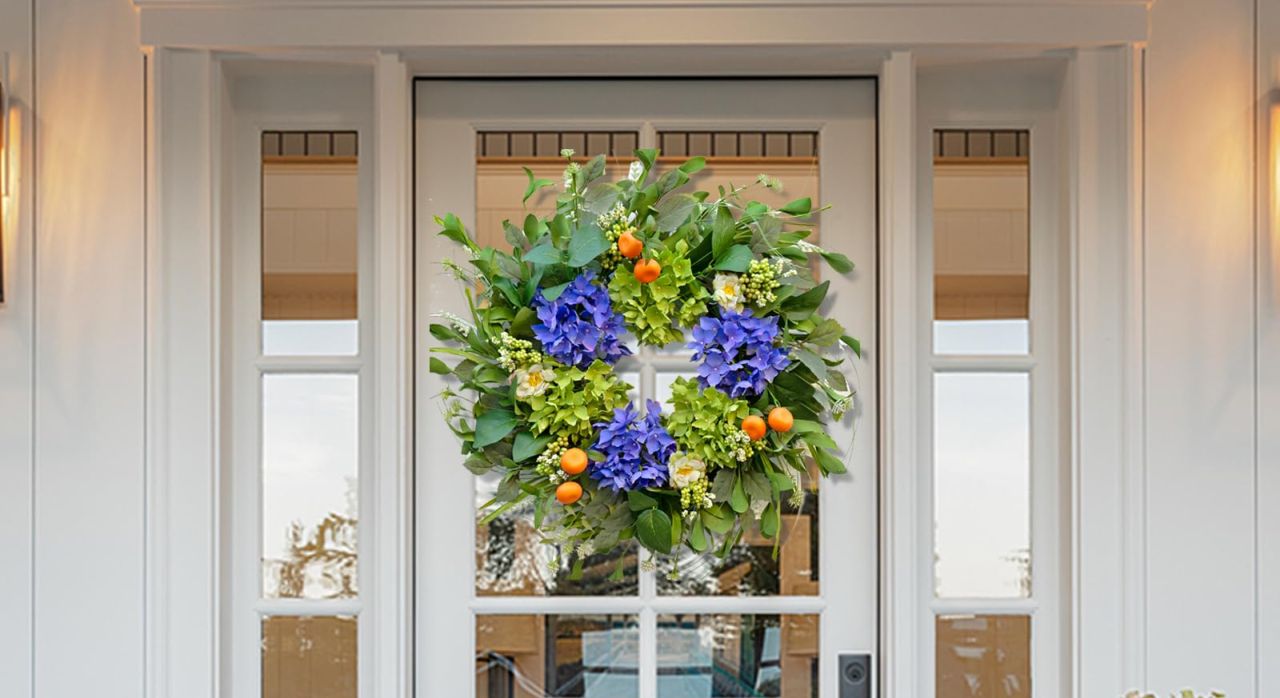 Silk Hydrangea Wreath with White Blossoms & Mini Mandarins