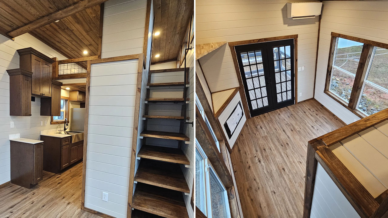 The stairs, supported by the large shiplap storage module
