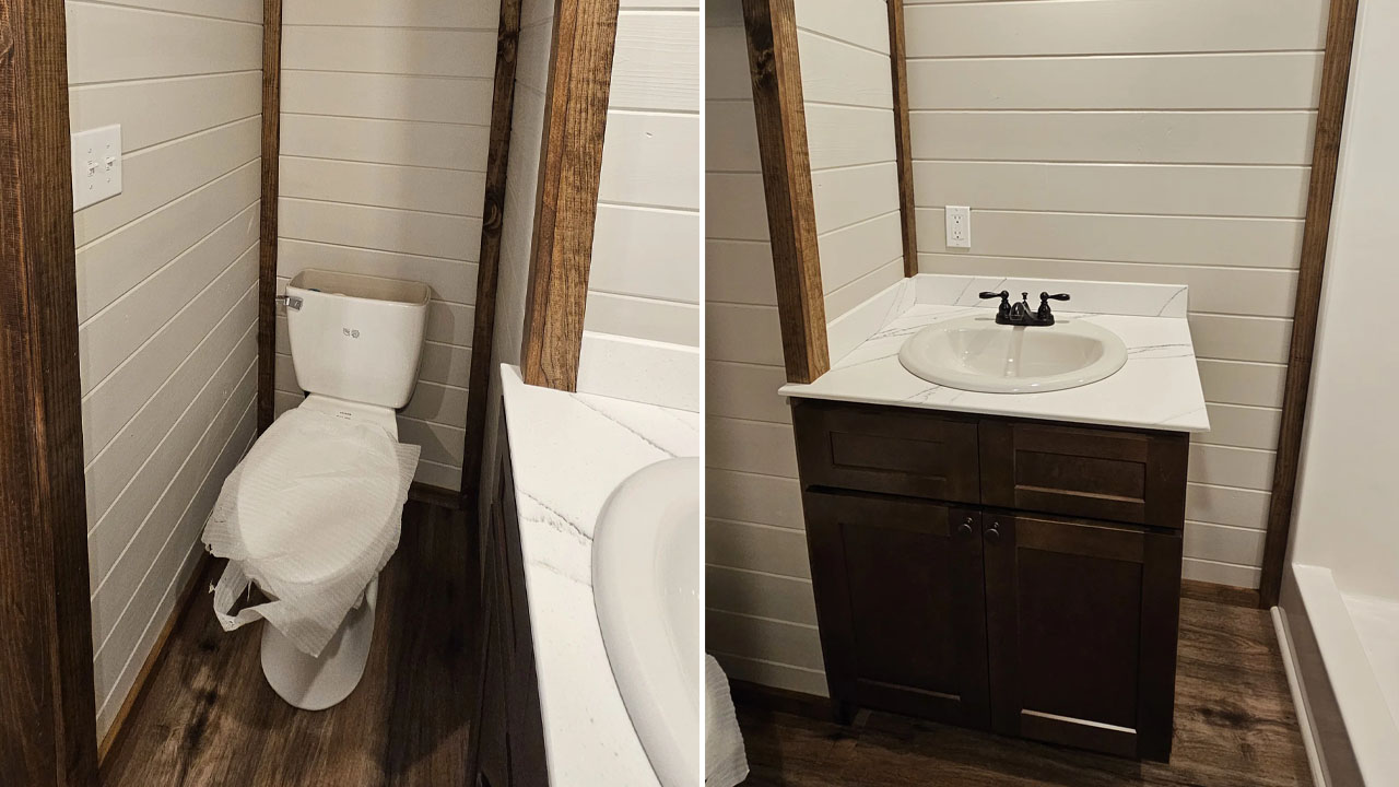 The marble top vanity sink and flush toilet in full bathroom