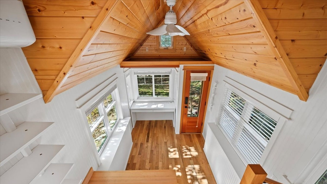 The tongue-and-groove planks build the overhead roof