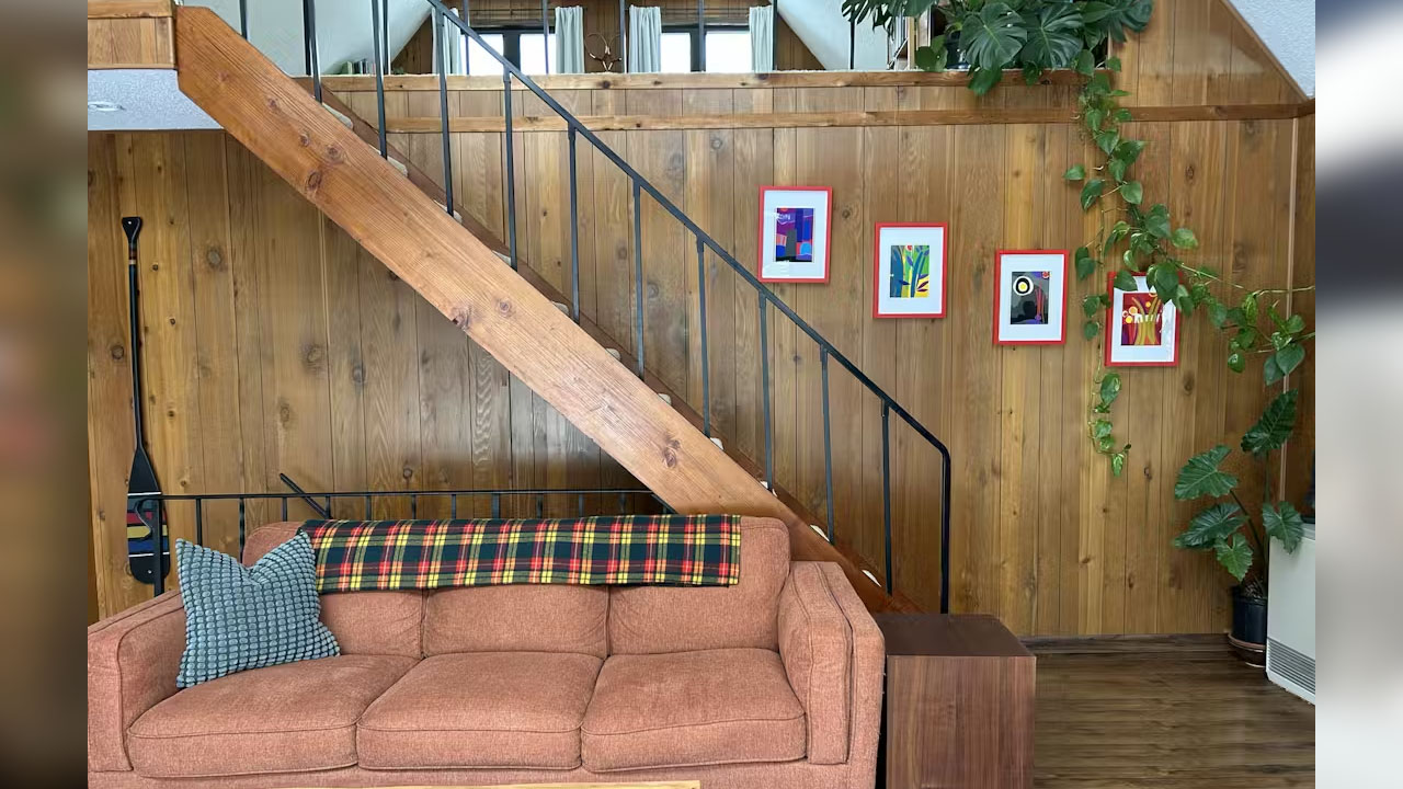 The warm woodwork in the interior has retro charm