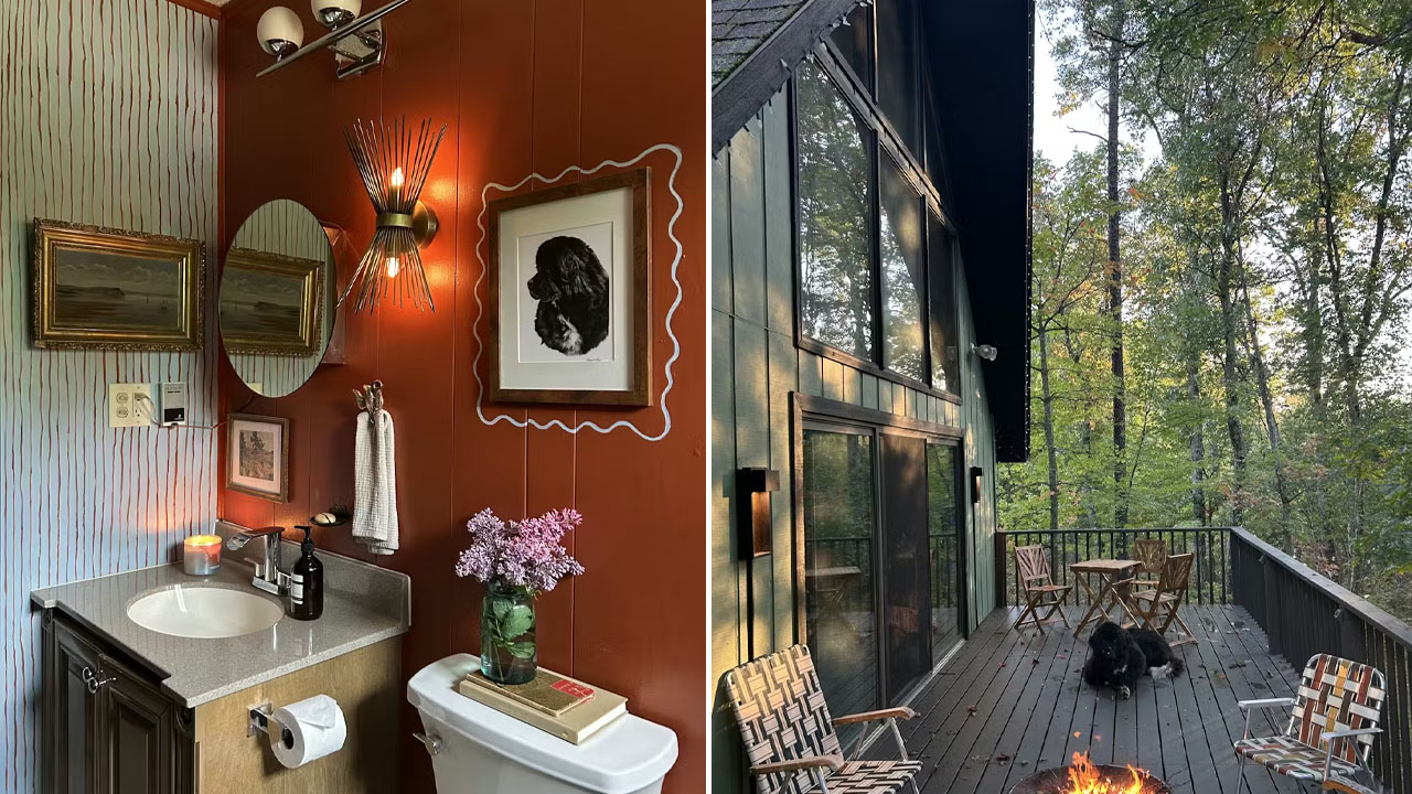 The designer elements of bathroom and elevated wooden deck of Camp Green Pine