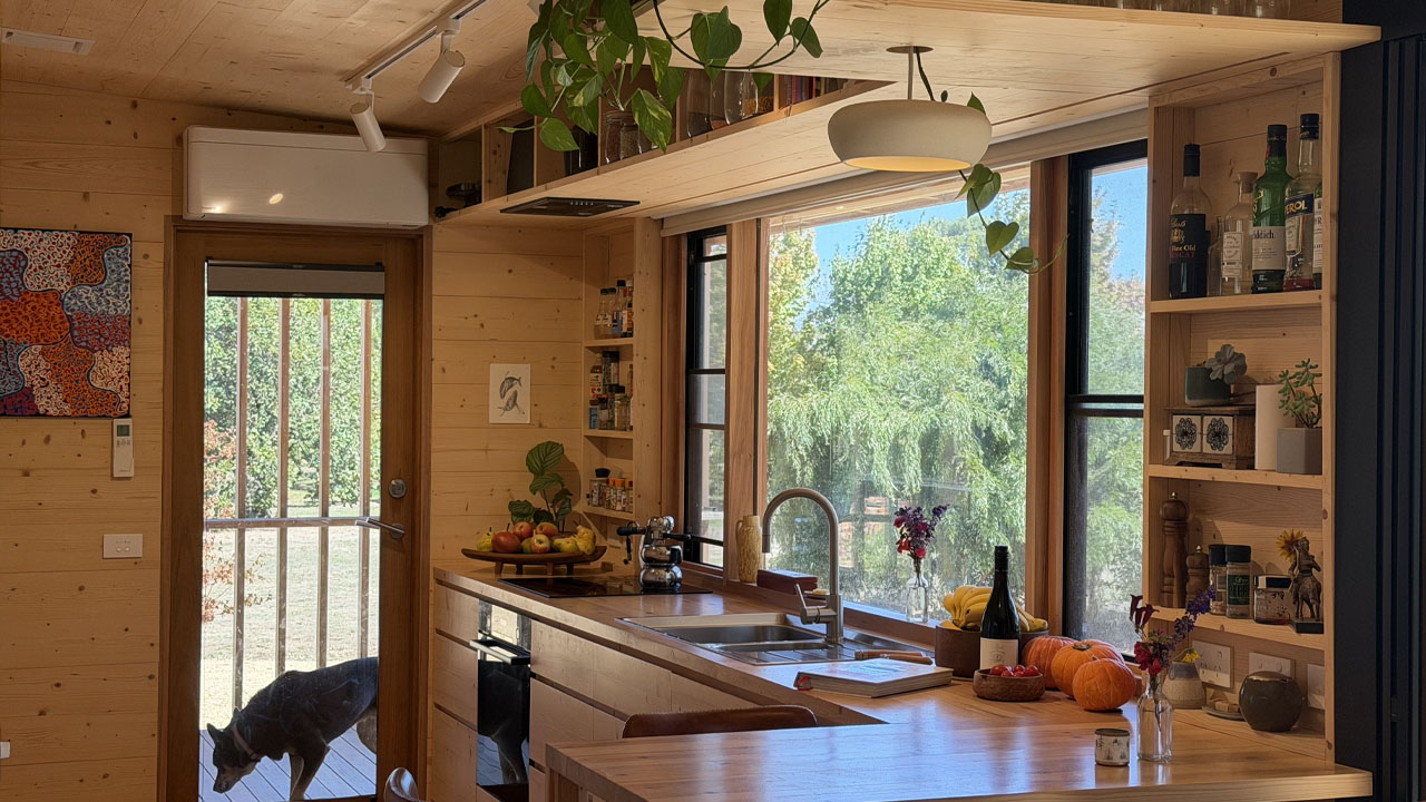 The cozy wood-wrapped interior