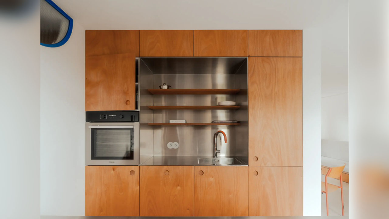 The cabinetry has built-in storage
