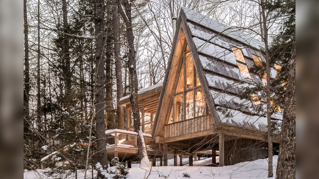The locally milled hemlock board shingles add rustic texture to the cabin