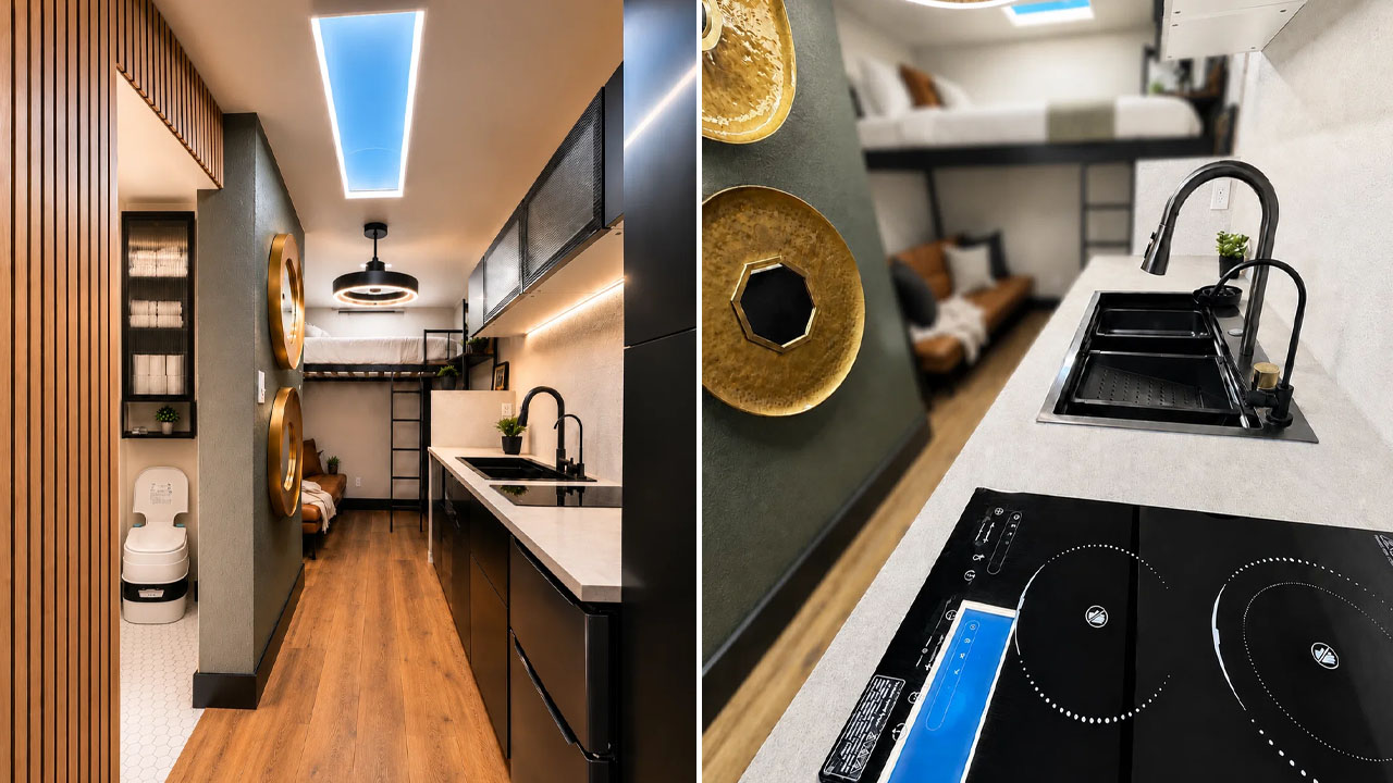The tiny house looks spacious and bright despite windowless tiny footprint.