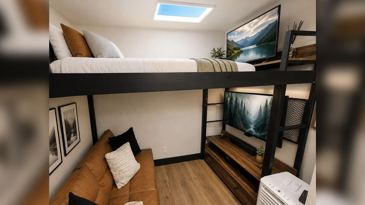 The lofted bedroom and roll out sofa beneath