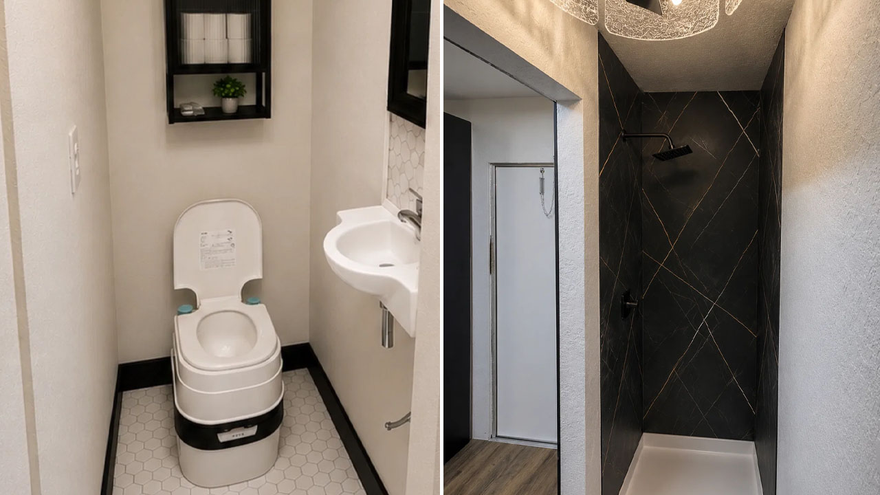 The compact full bathroom has all amenities while the shower area has décor backsplash