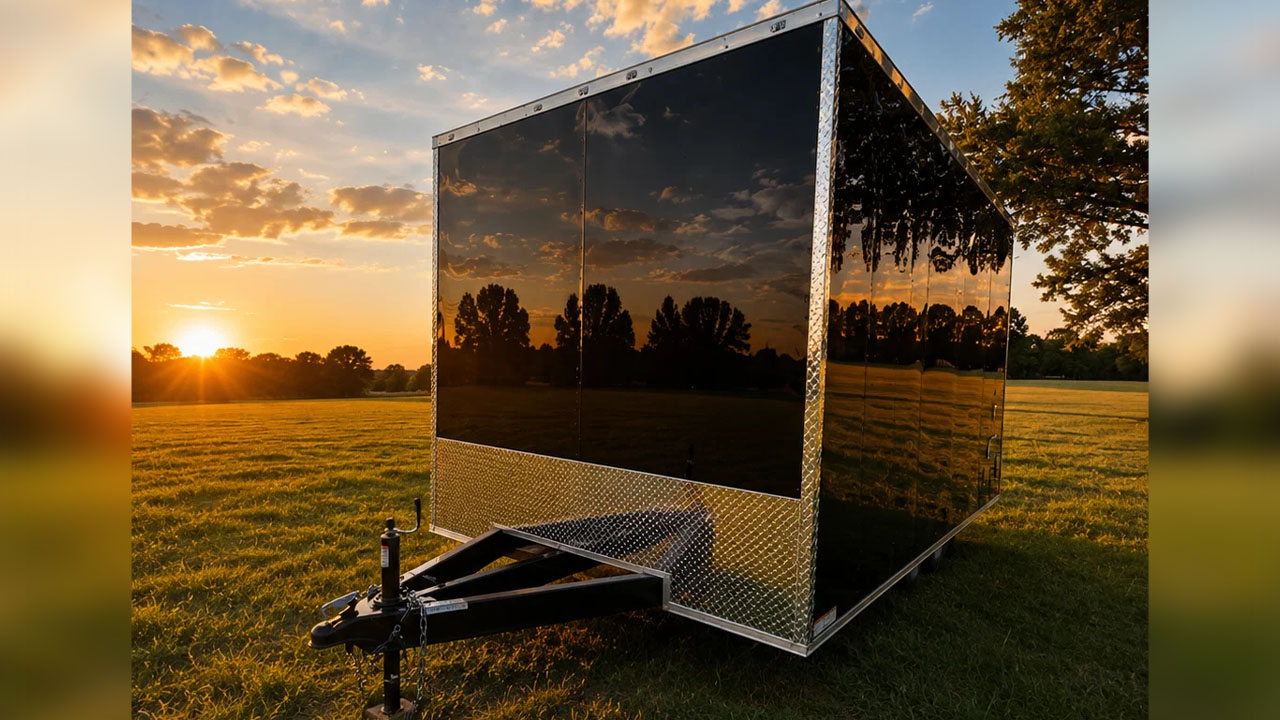Windowless Off-Grid Stealth tiny house sits atop triple black enclosed trailer
