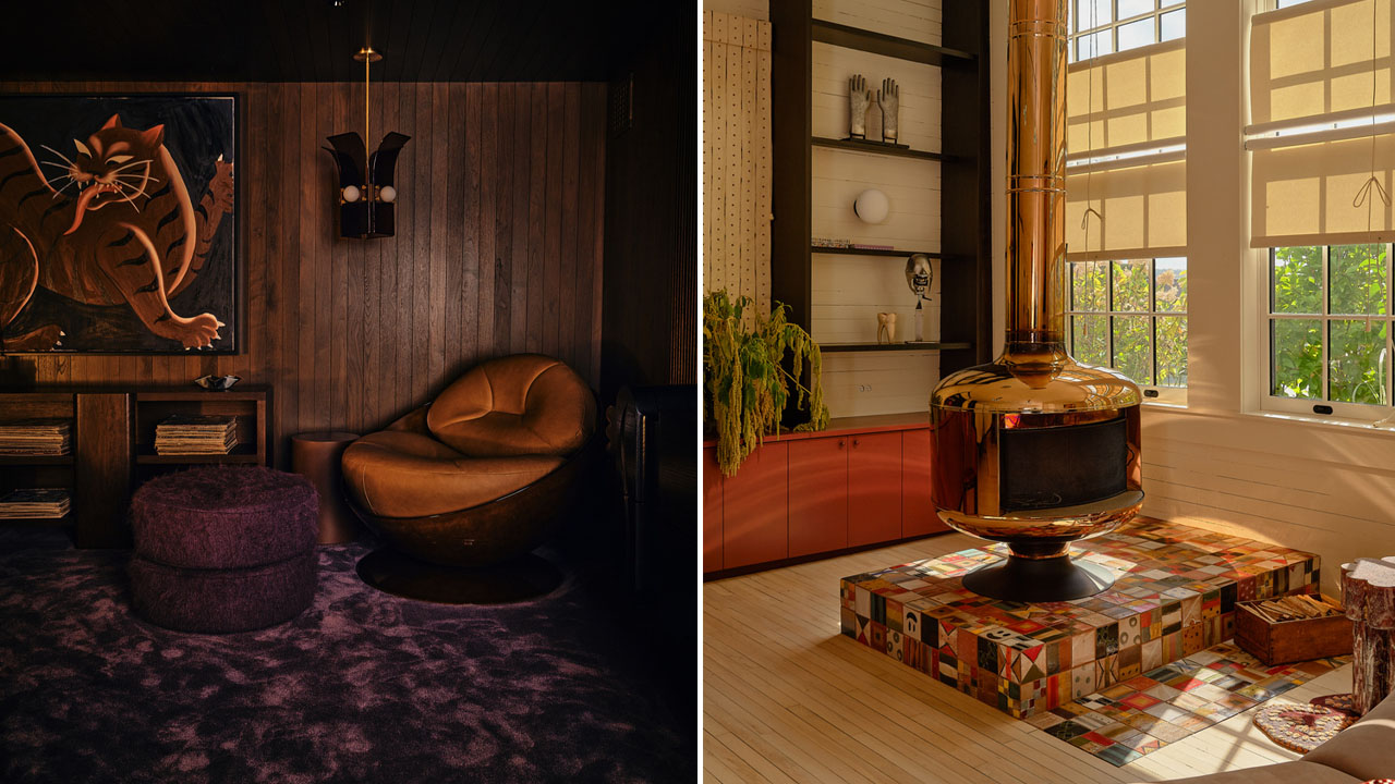 Sculptural fireplace and rounded seating