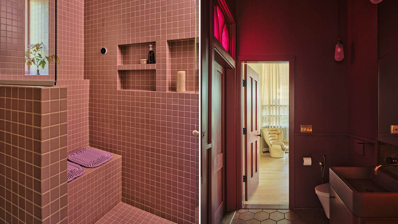 The whimsical color palette in bathroom