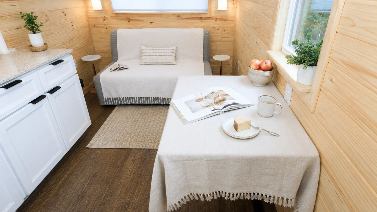 The flip out table saves floor space when not in use